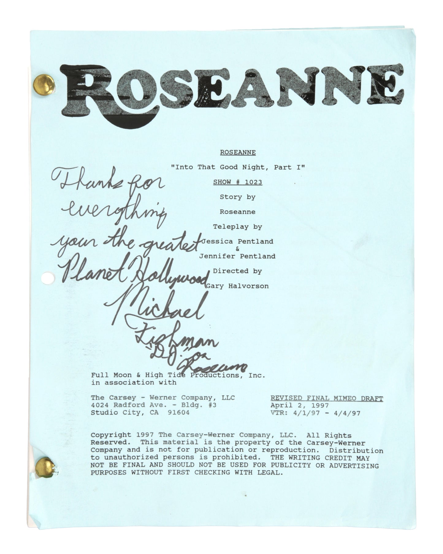 "Roseanne" (TV Series) Script Autographed by Michael Fishman