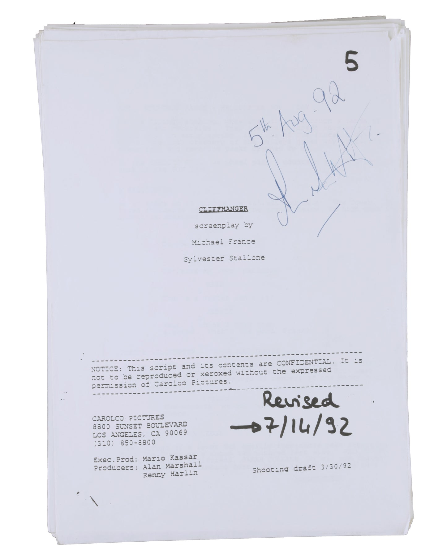 “Cliffhanger” Script – Signed by Producer Alan Marshall, Gifted to Planet Hollywood (1992)