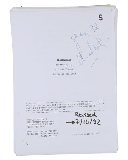 “Cliffhanger” Script – Signed by Producer Alan Marshall, Gifted to Planet Hollywood (1992)
