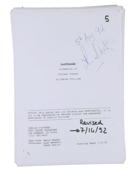 “Cliffhanger” Script – Signed by Producer Alan Marshall, Gifted to Planet Hollywood (1992)