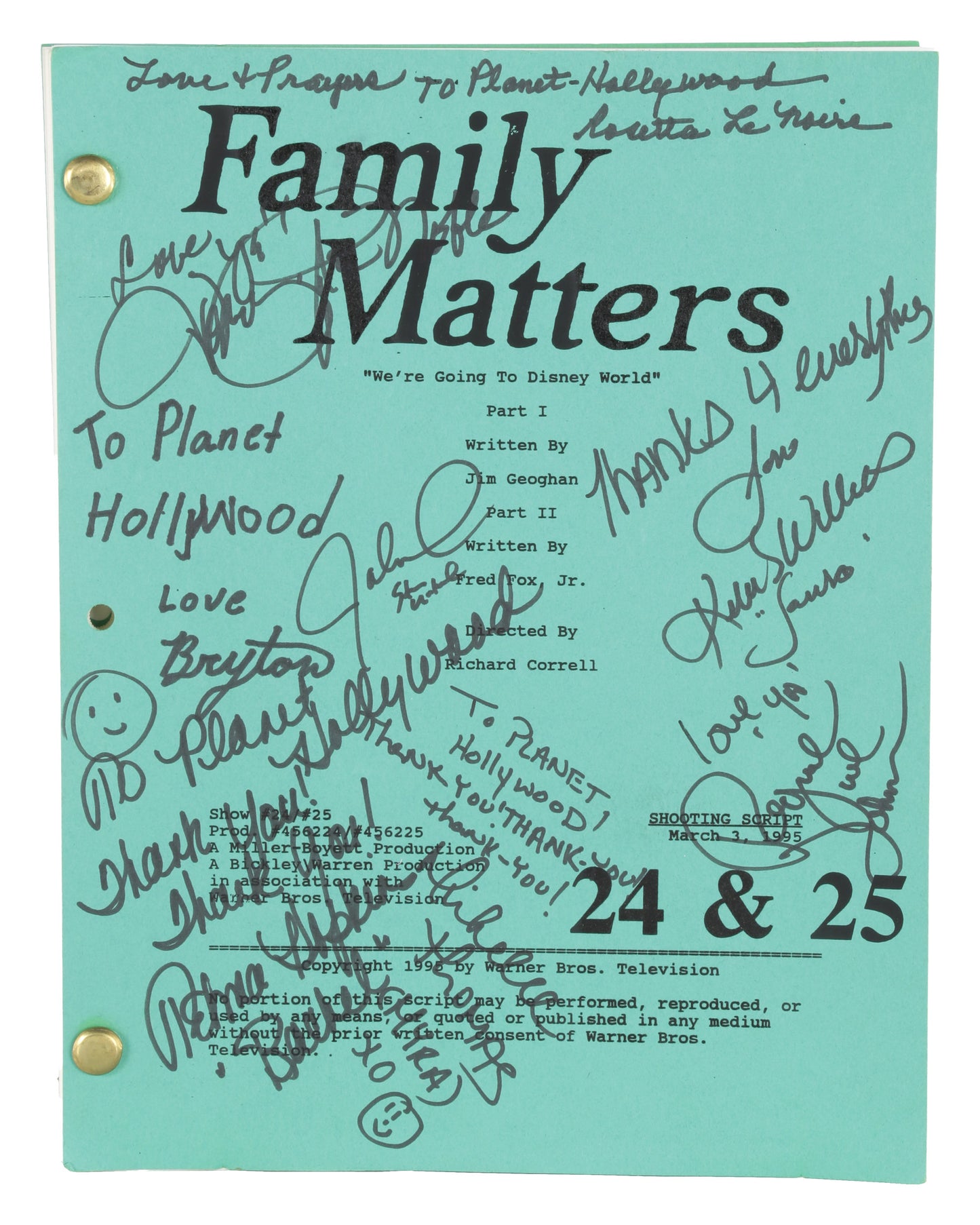 "Family Matters" (TV Series) Autographed Script - Season 6 "We're Going to Disney World, Parts I & II"