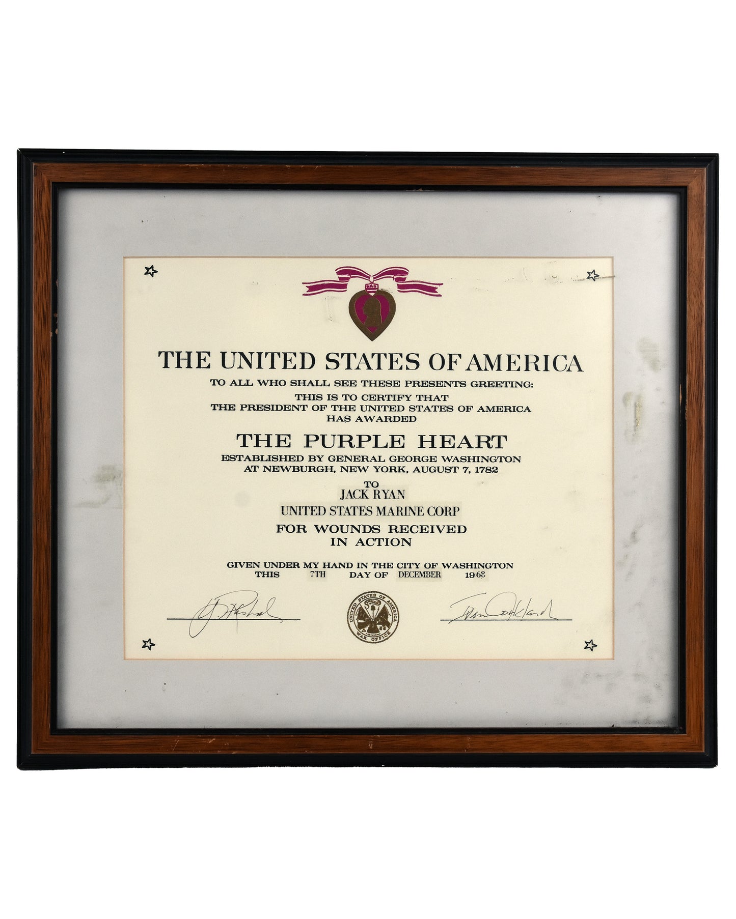 "Patriot Games" Jack Ryan's (Harrison Ford) Purple Heart Certificate