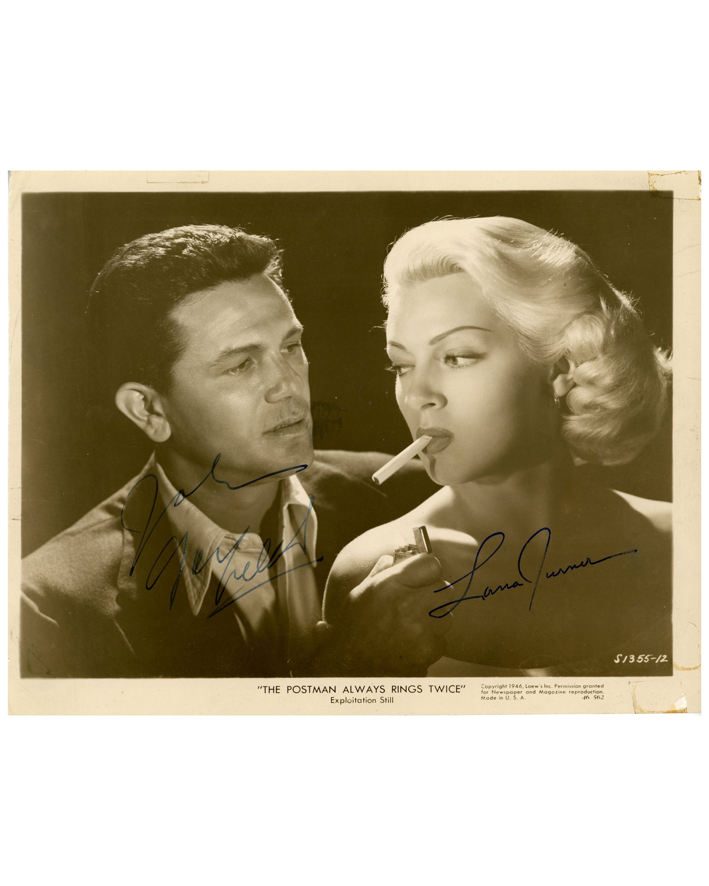"The Postman Always Rings Twice" Autographed Lana Turner and John Garfield Photograph