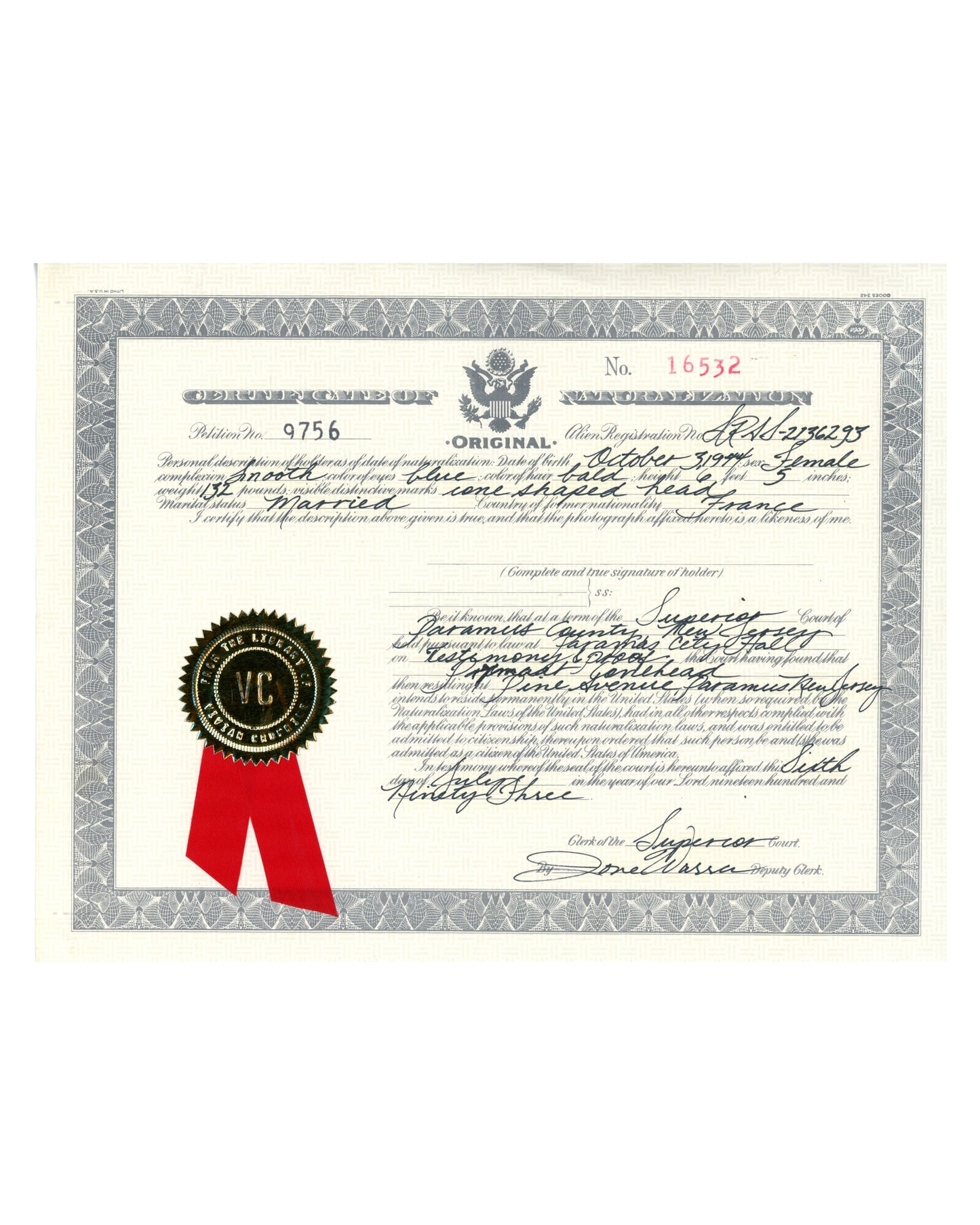 "Coneheads" Prymatt Conehead's (Jane Curtain) Prop Certificate of Naturalization