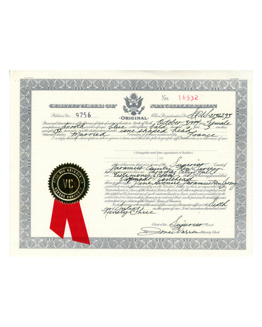 "Coneheads" Prymatt Conehead's (Jane Curtain) Prop Certificate of Naturalization