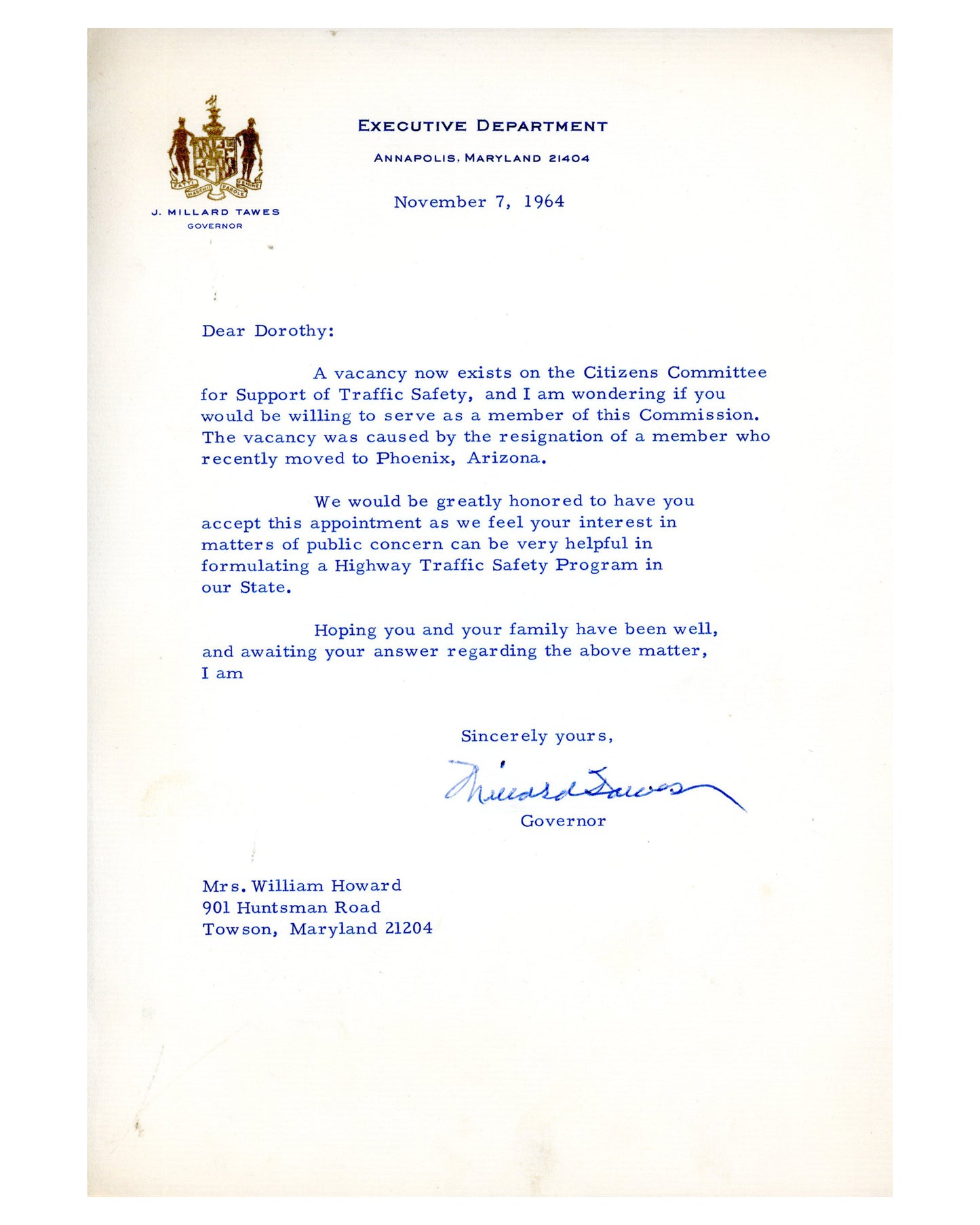 Two Letters to Dorothy Lamour from Governor Millard Tawes of Maryland