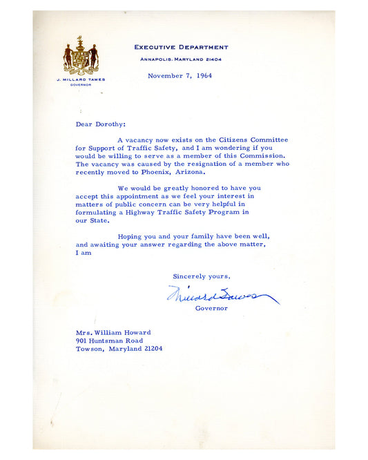 Two Letters to Dorothy Lamour from Governor Millard Tawes of Maryland