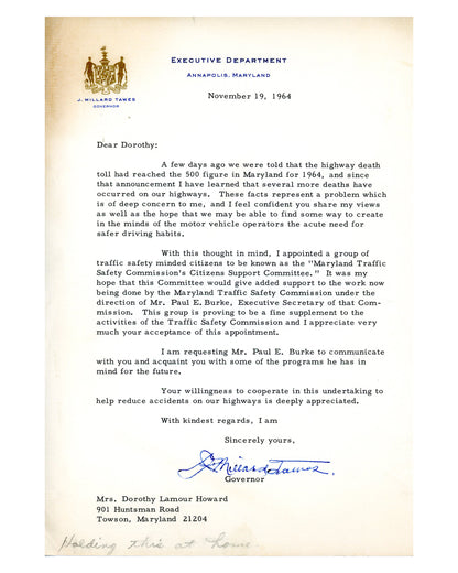 Two Letters to Dorothy Lamour from Governor Millard Tawes of Maryland