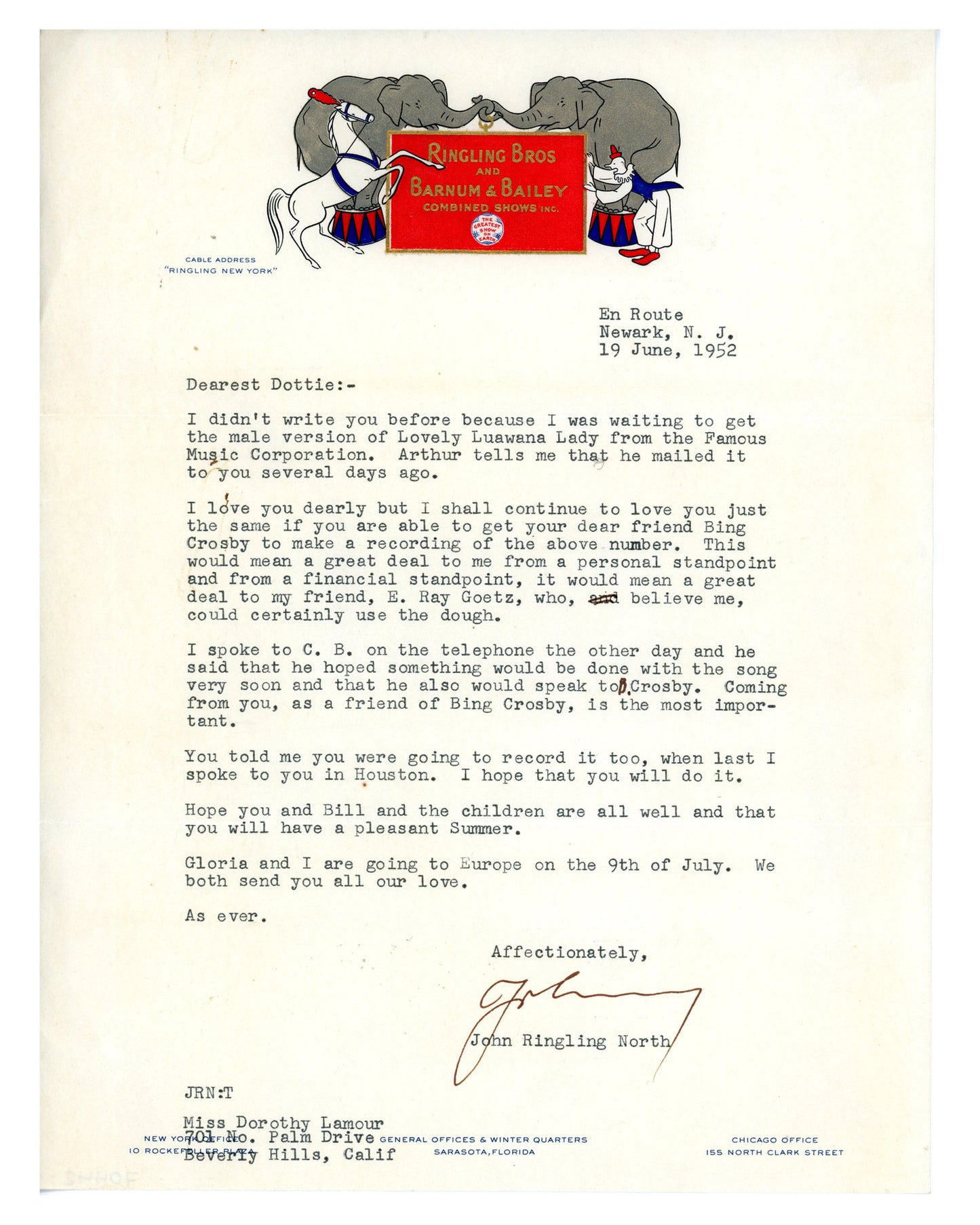 Letter to Dorothy Lamour from John Ringling North
