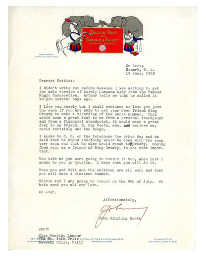 Letter to Dorothy Lamour from John Ringling North