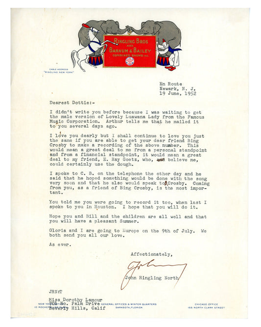 Letter to Dorothy Lamour from John Ringling North