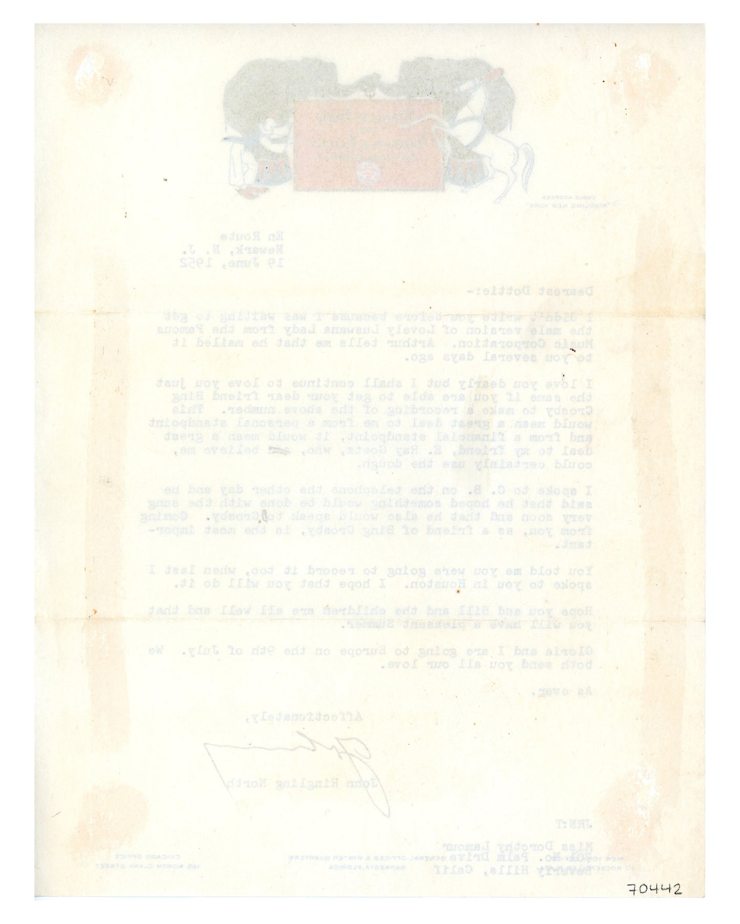Letter to Dorothy Lamour from John Ringling North