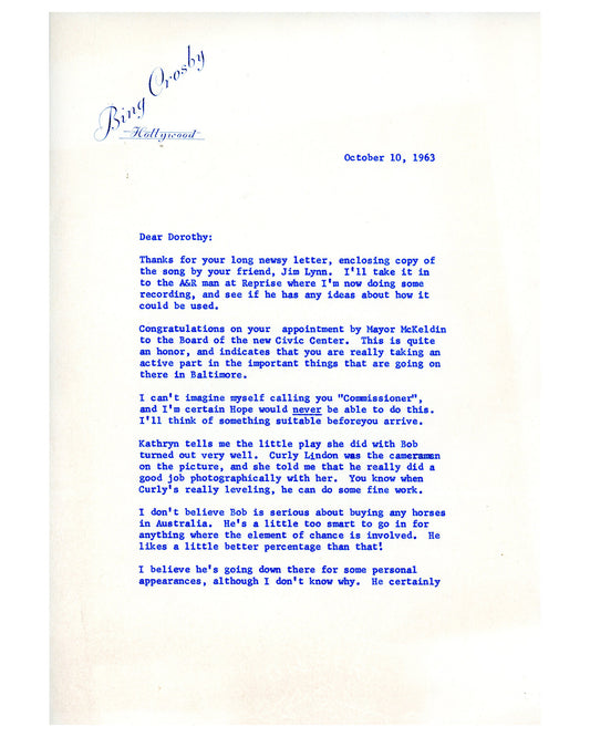 Bing Crosby Letter and Dorothy Lamour Invitation